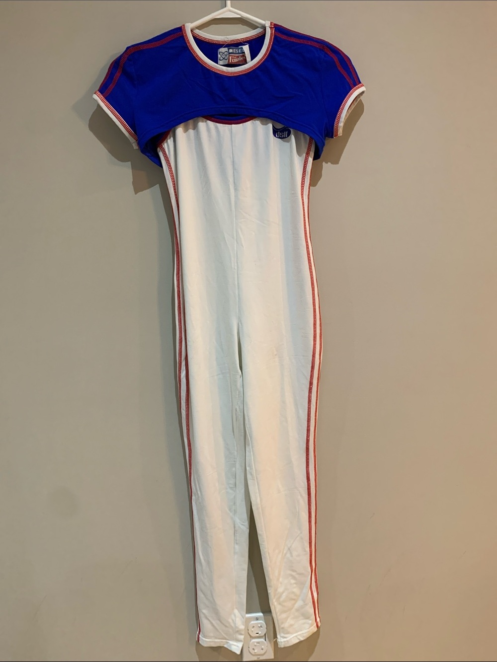 VINTAGE - DIESAL Athletic White Jumpsuit with Blue Crop-Top Overlay and Red Trim